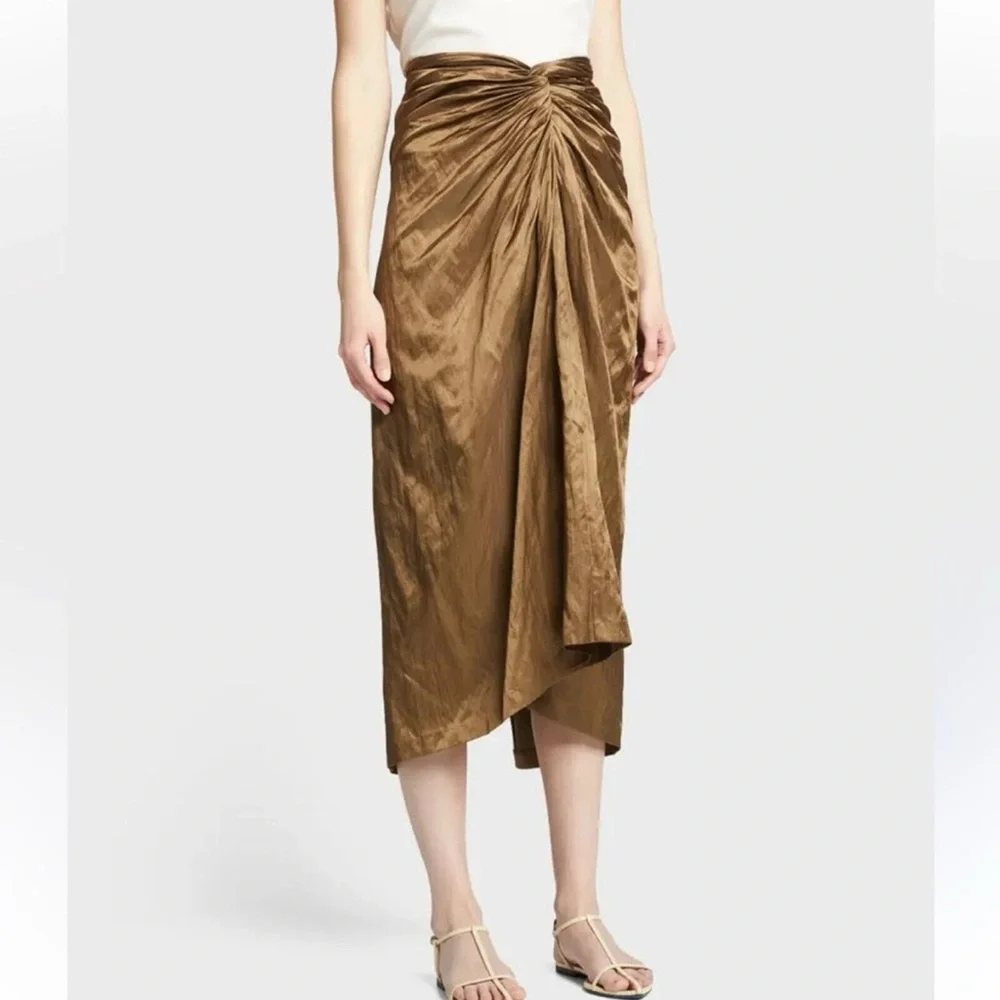 NWT Vince Metallic Bronze Twist Front Midi‎ Skirt Draped $395 MSRP size 0